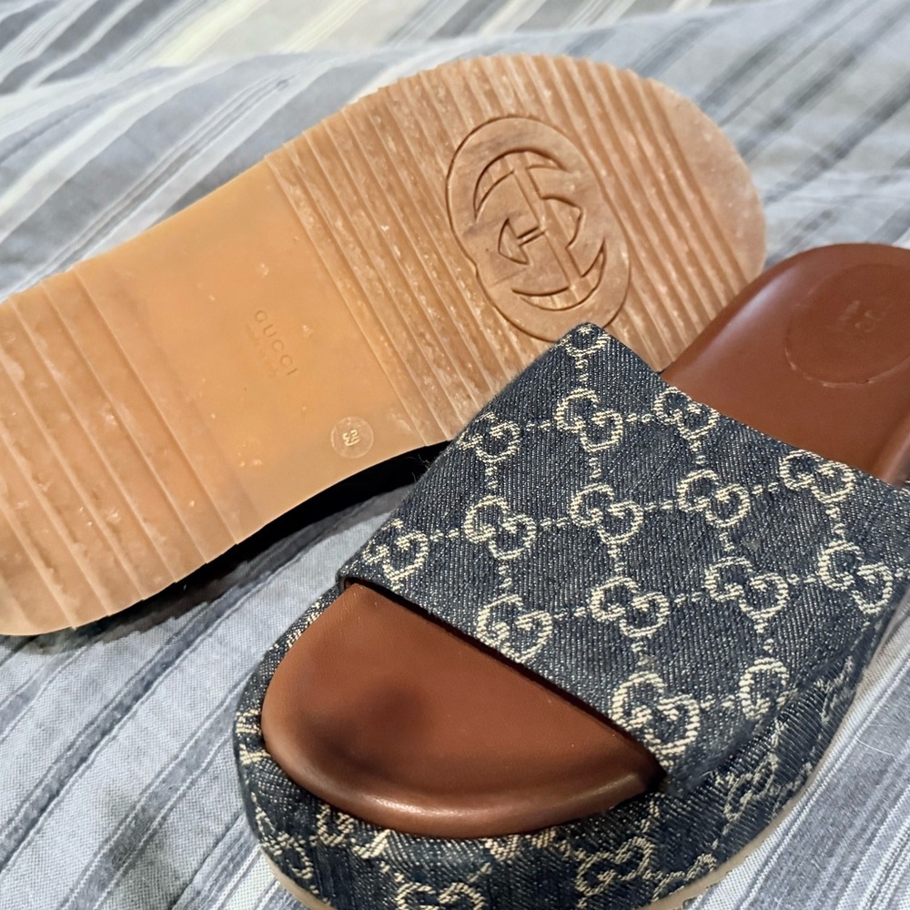 Gucci Denim and Brown Logo Slides